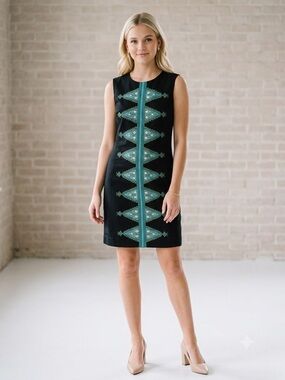 Anthropologie Tabitha Black Shift Dress with Teal Embroidered Center Size 6